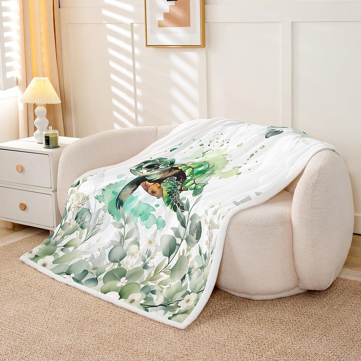 Erosebridal Cute Sea Turtle Throw Blanket for Couch for Kids Child Green Eucalyptus Fleece Blanket, Marine Animal Sherpa Blanket Botanical Plant Leaves Blanket, Cartoon Wildlife Bed Blanket