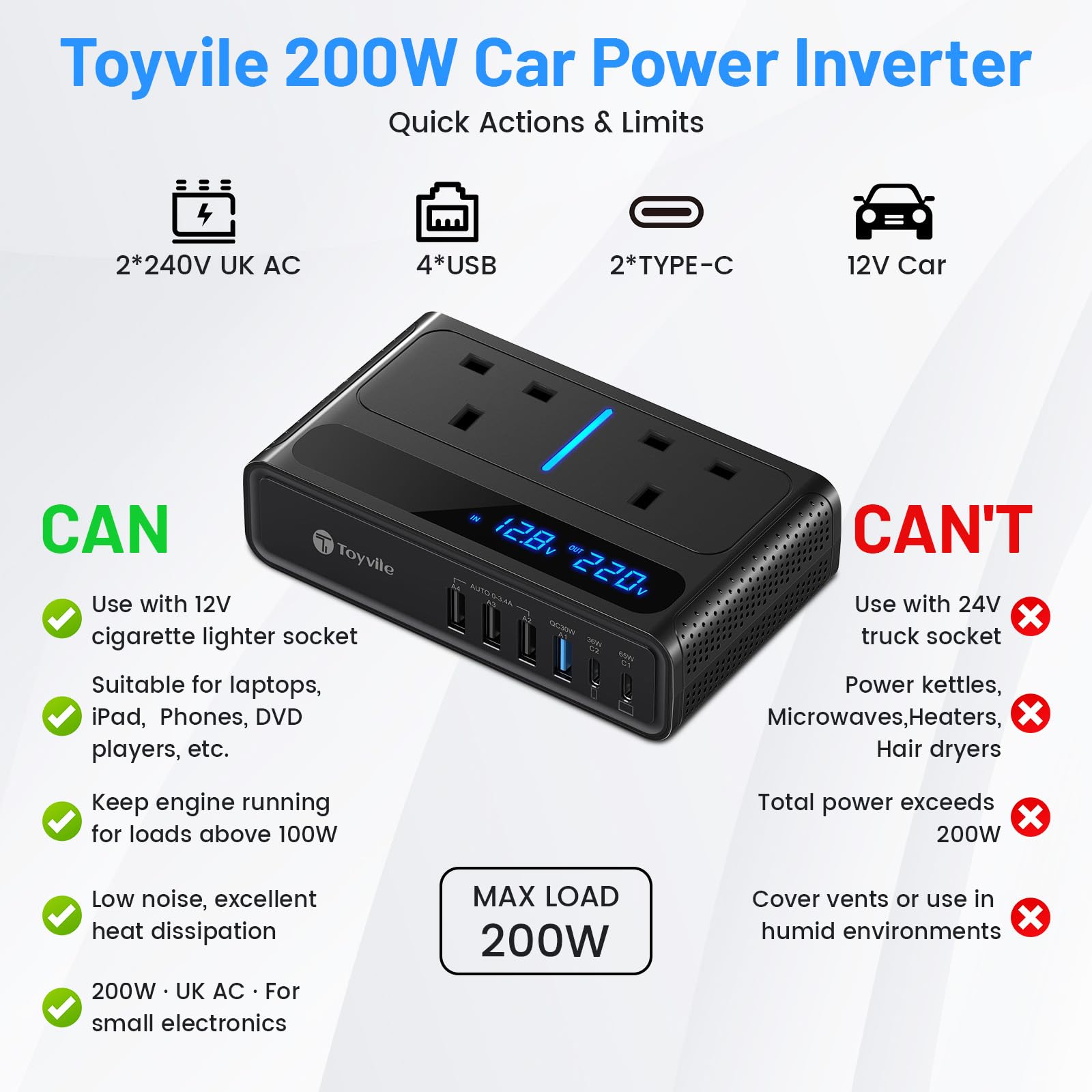 8 in 1 200W Car Power Inverter 12V to 240V / 230V with 2 Sockets, 4 USB Ports and 2 Type-C Ports,Fast Charging Car Voltage Converter Inverter,with Cigarette Lighter Plug,Suitable for Laptops, iPads — view 3