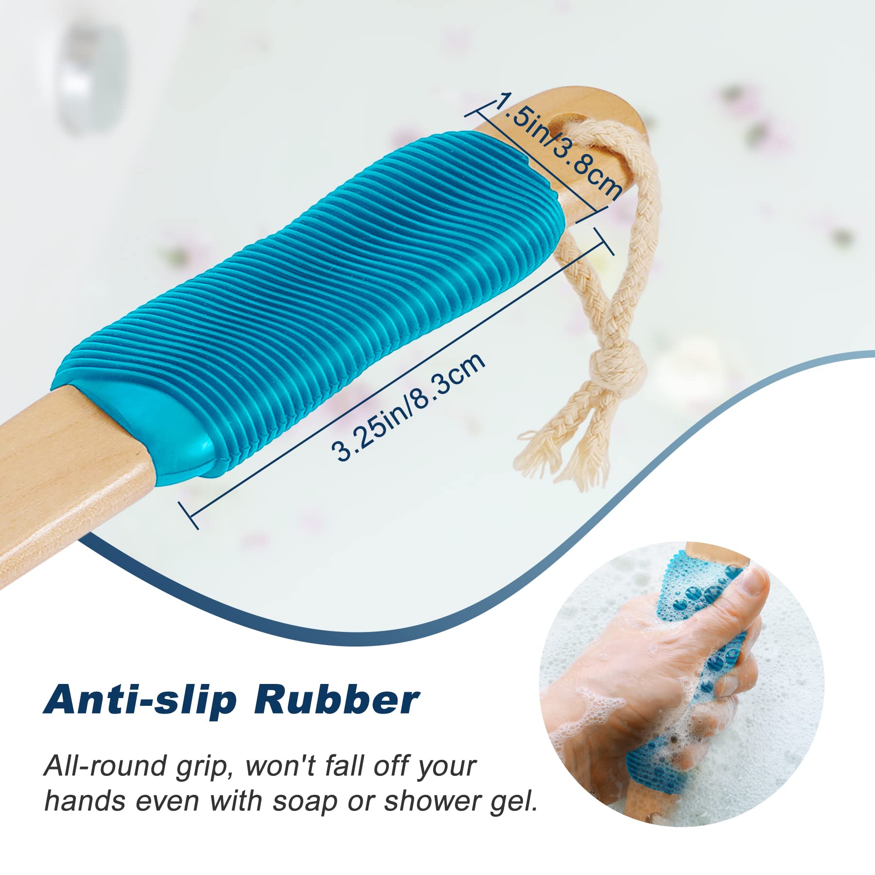 Ergonomischer Rückenschrubber mit langem Griff, für Dusche, doppelseitiges Peeling, Körperschrubber für Damen und Herren, Blau