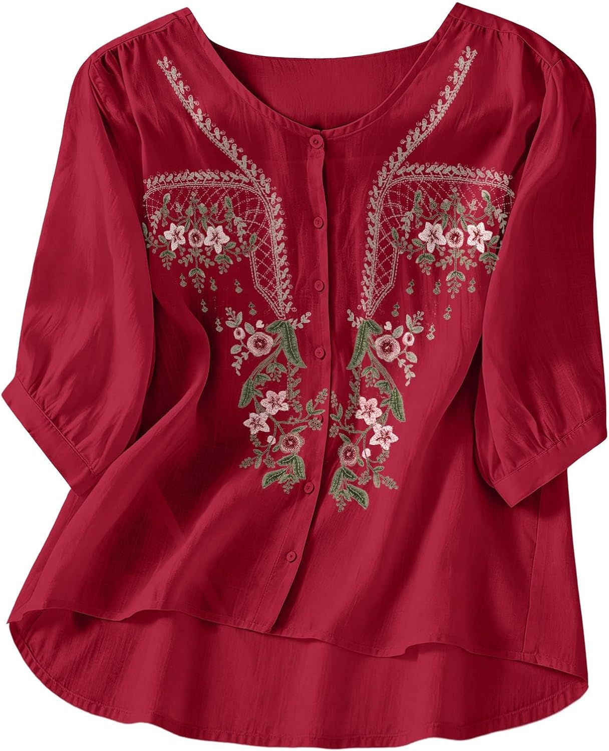 Embroidered Cotton Linen Tops for Women 3/4 Sleeve Summer Boho Peasant Gauze Blouses Dressy Casual Bohemian Shirts