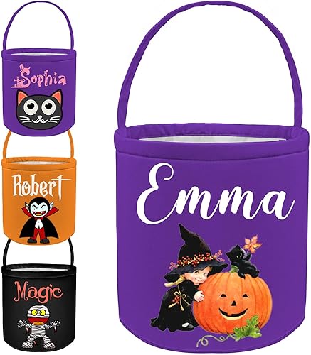 Cubo personalizado de Halloween con nombre, cesta de dulce o truco de Halloween, regalo personalizado para niños y niñas, color morado