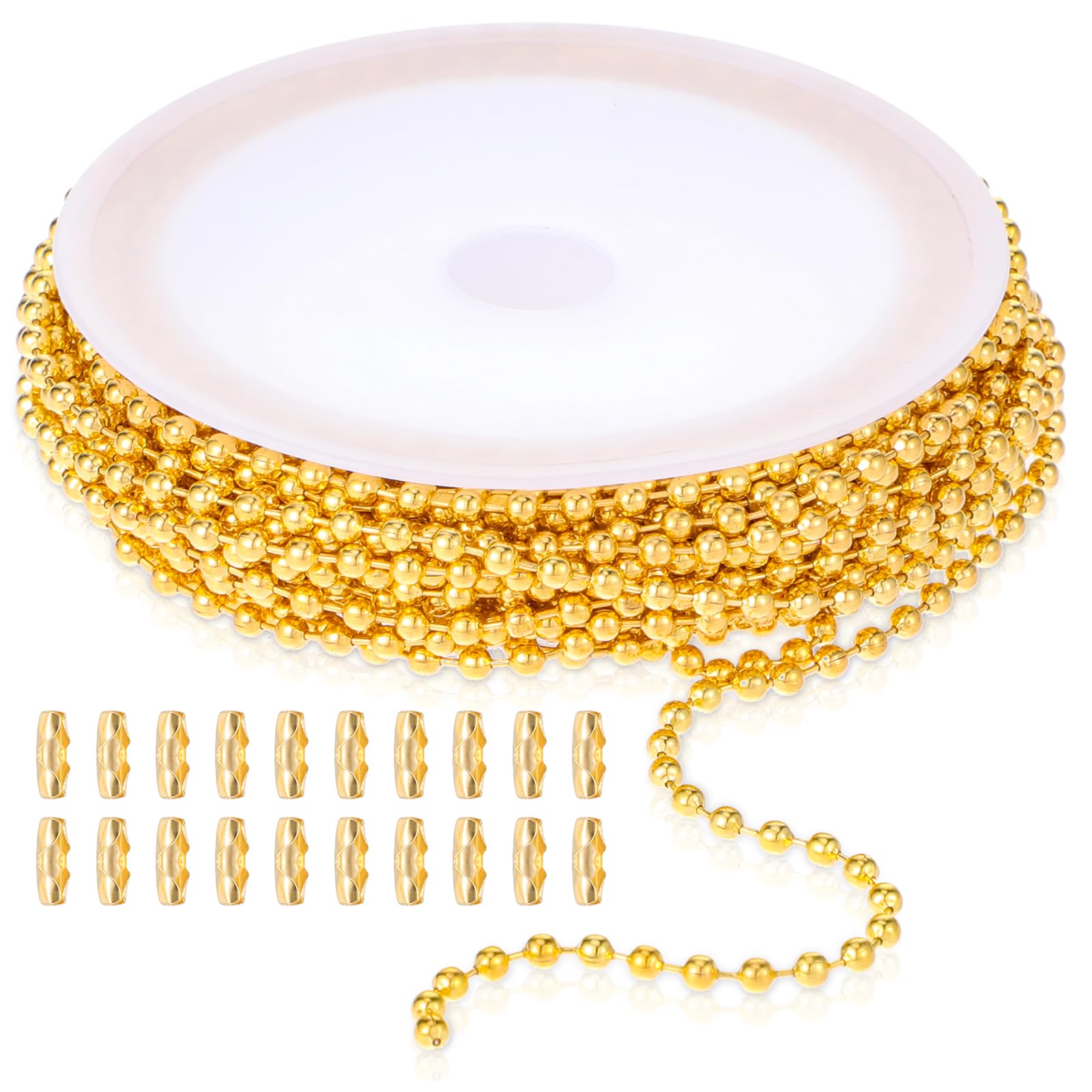 COMNICO 16.4ft Stainless Steel Ball Chain 2.4mm DIY Beaded Link Roll Jewelry Making Supplies with 20pcs Matching Connectors Clasps for Dog Tag Necklace Bracelets Keychain Craft (Gold)
