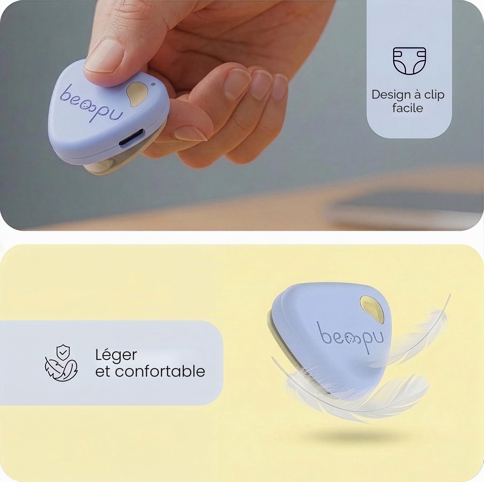 Bellybutton Moniteur de respiration intelligent pour bébé pour un sommeil plus sûr avec vibrations douces, notifications d'application, facile à clipser, portable, matériaux de qualité médicale