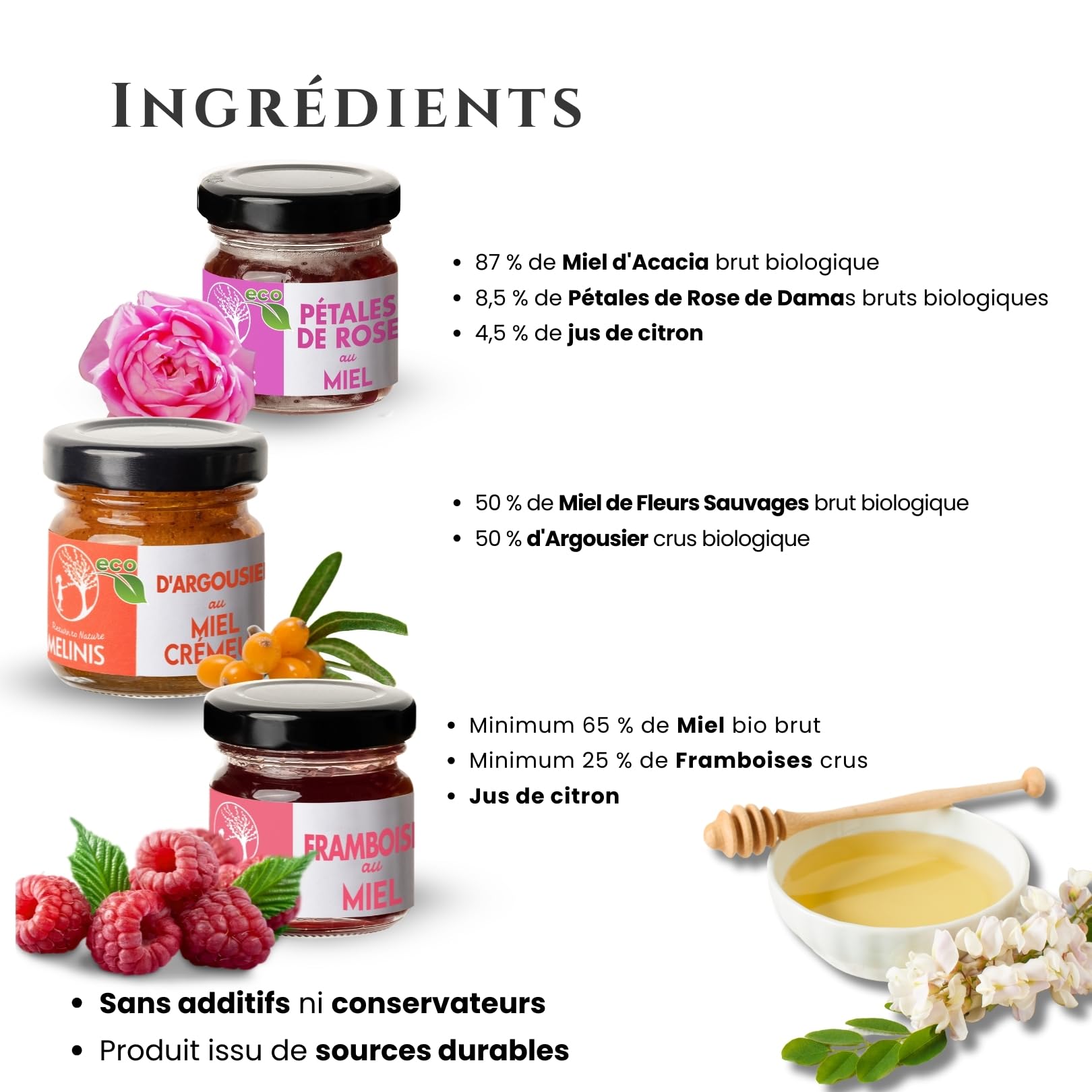Coffret 3 × 40 g Crèmes de Miel Bio – Acacia à l’Argousier, à la Framboise et à la Rose – Sans Sucre Ajouté – Pour Petit-Déjeuner, Desserts ou Cadeau – Melinis