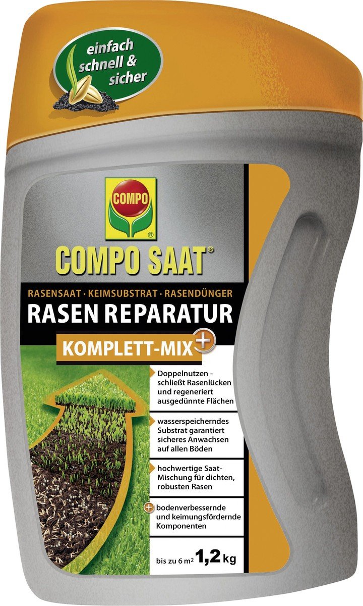 COMPO SAAT Rasen Reparatur Komplett-Mix+, Rasensaat, Keimsubstrat,  Langzeit-Rasendnger und Bodenaktivator, 1,2 kg, 6 m : Amazon.de: Garten