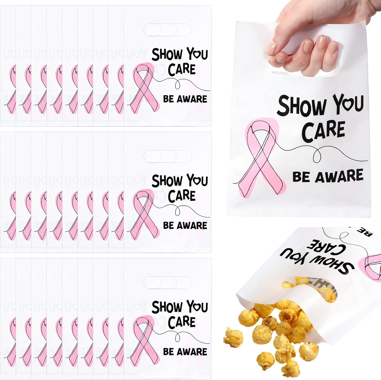 Breast Cancer Awareness Bag Pink Ribbon Tote Zippered Canvas