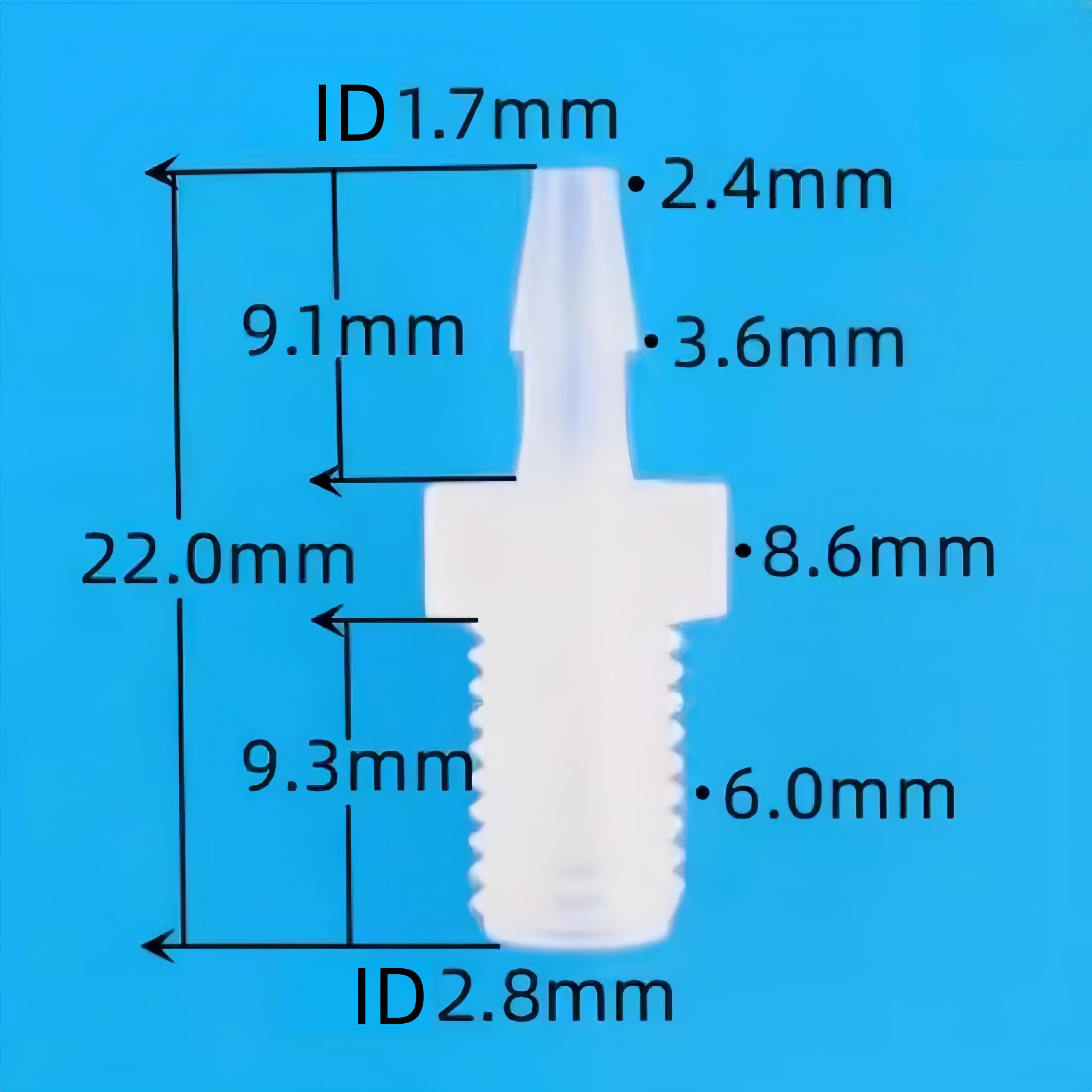 Conector de manguera de púas 1/4-28UNF macho roscado, paquete de 25 para laboratorio y maquinaria de alimentos, extensión de 4,8 mm