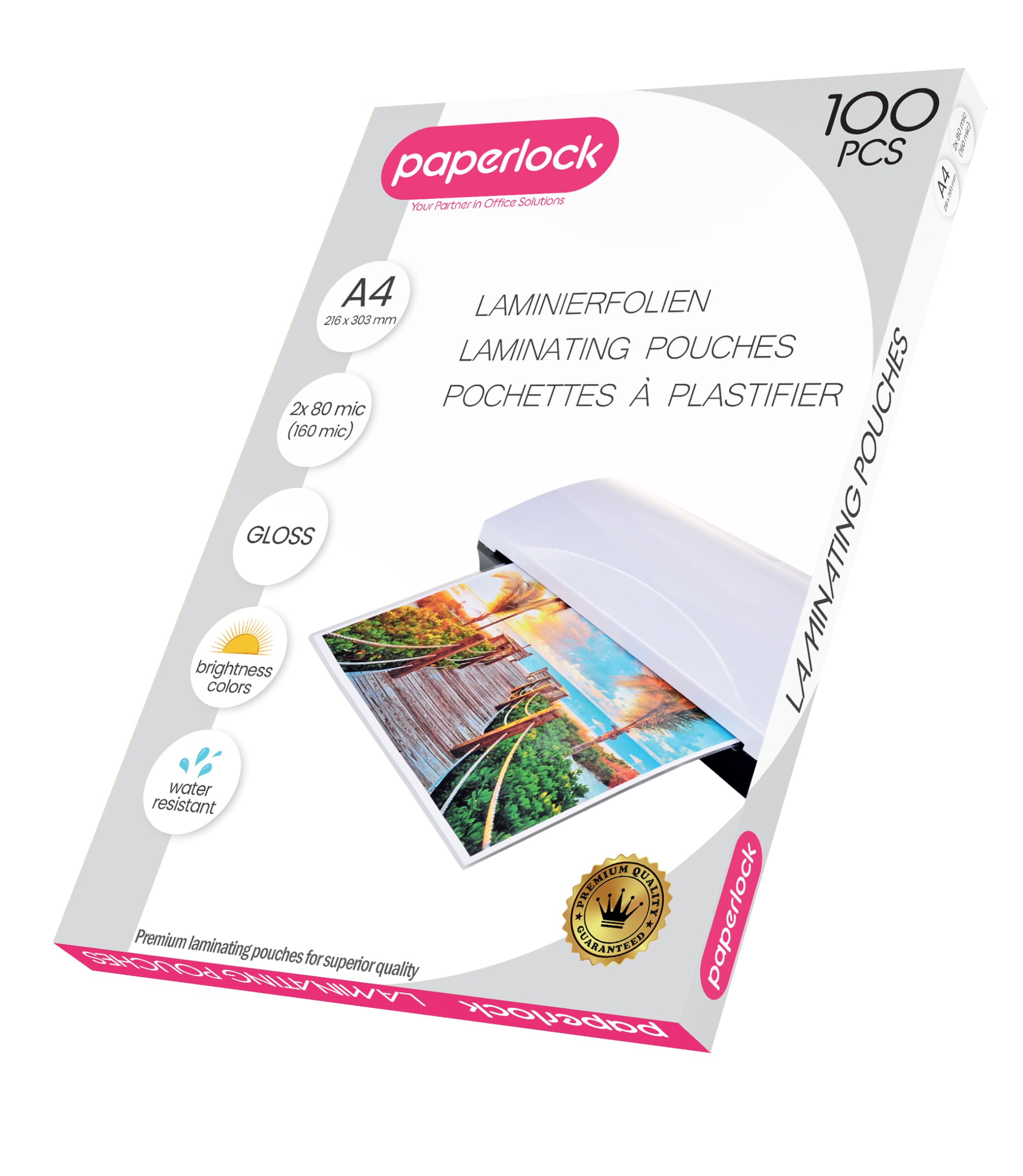 Paperlock - Pack de 100 bolsas de plastificación A4 80mic, acabado brillante transparente