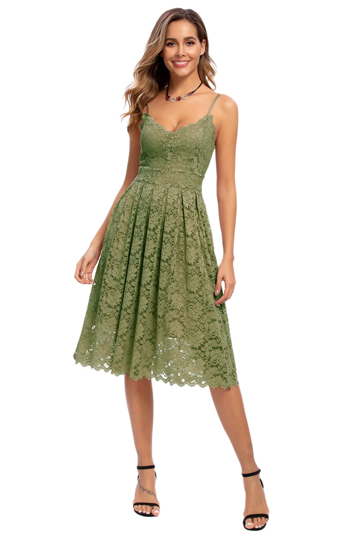 ( Size S ) Atnlewhi Womens Spaghetti Strap V Neck Sleeveless A Line Lace Dresses for Evening Cocktail Formal Wedding Guest