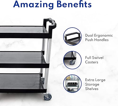 Miniatura 5 de New Star Foodservice 54552 Carrito de autobús utilitario de plástico de 3 niveles de 350 libras con ruedas de bloqueo, 42.5 x 19.5 x 38.5 pulgadas,