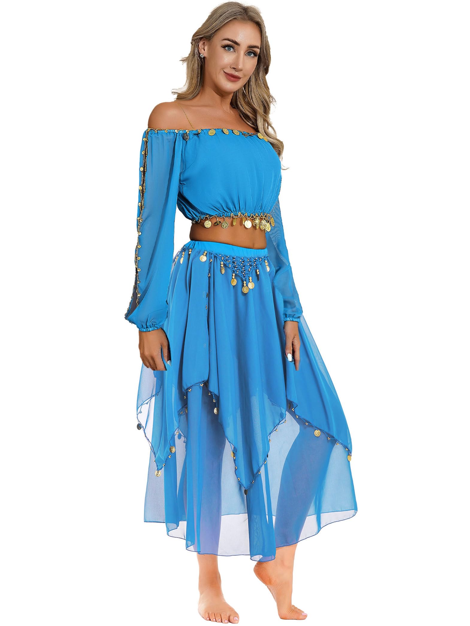 Ensemble De Costume De Danse du Ventre pour Femmes Haut Court À Manches Longues avec Jupe en Mousseline Robe Danse du Ventre Tenue Danseuse Orientale