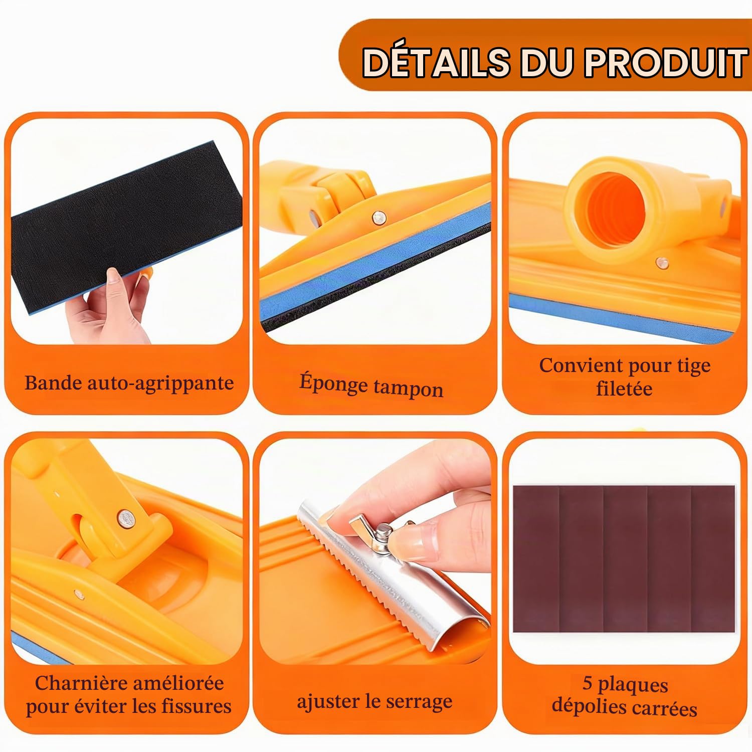 Ponceuse à perche pour cloison sèche, ponceuse murale sèche de 190 cm avec tige d'extension et 5 pièces de papier abrasif à 360 degrés pour sols, murs, plafonds
