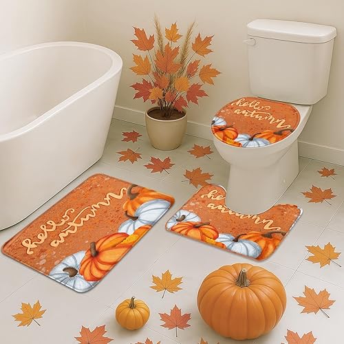 Miniatura 14 de Arttown Happy Gnomes Shower Curtain Set with Toilet Lid Cover and Non-Slip Rugs, Pumpkin Leaf Autumn Fall 4 Pcs Shower Curtains for Bathroom