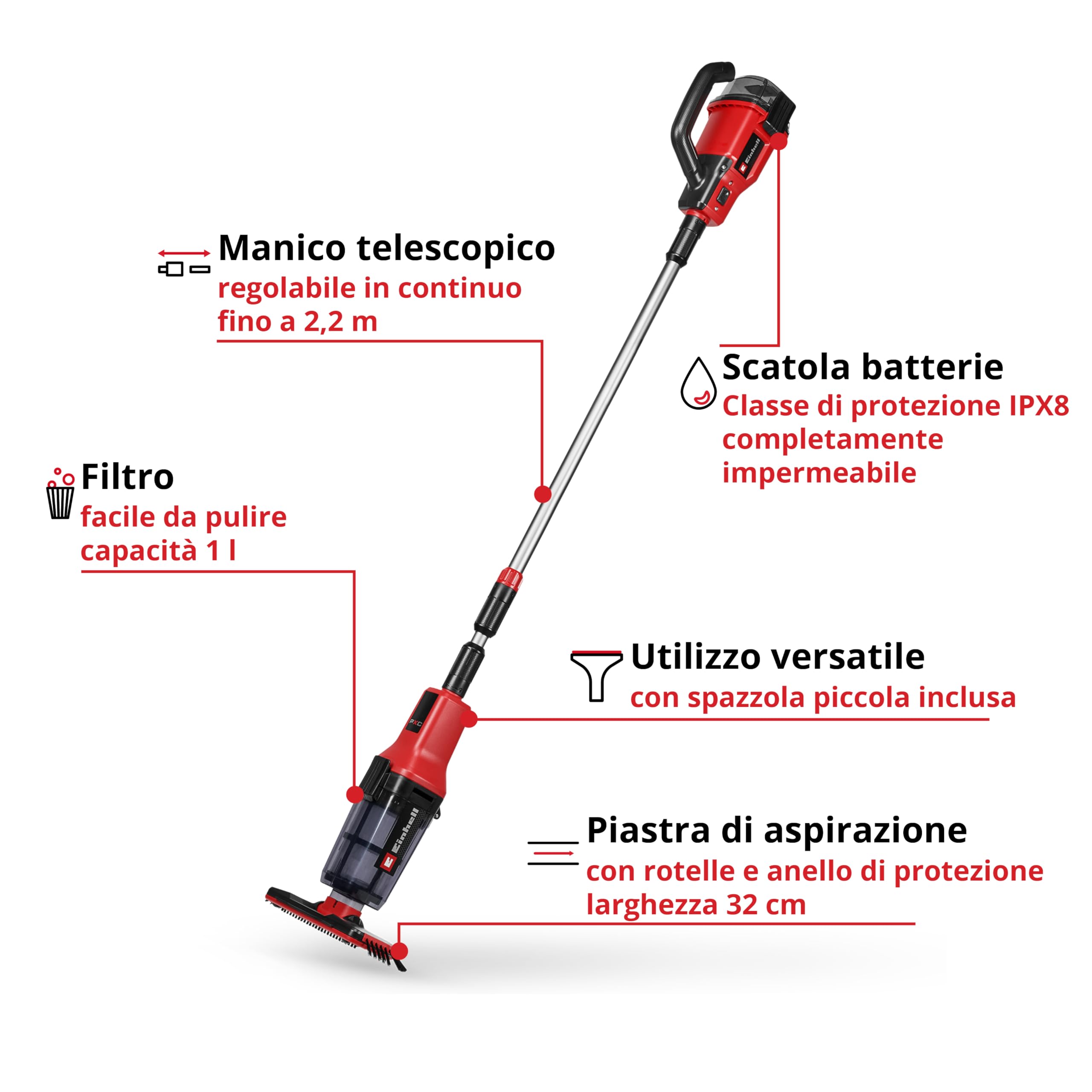 Einhell Aspiratore per piscina a batteria GE-PV 18/42 Li T-Solo PXC (18V, vano batteria impermeabile, piastra 32 cm, telescopico fino a 220 cm, filtro, con accessorio piccolo, batteria non inclusa)