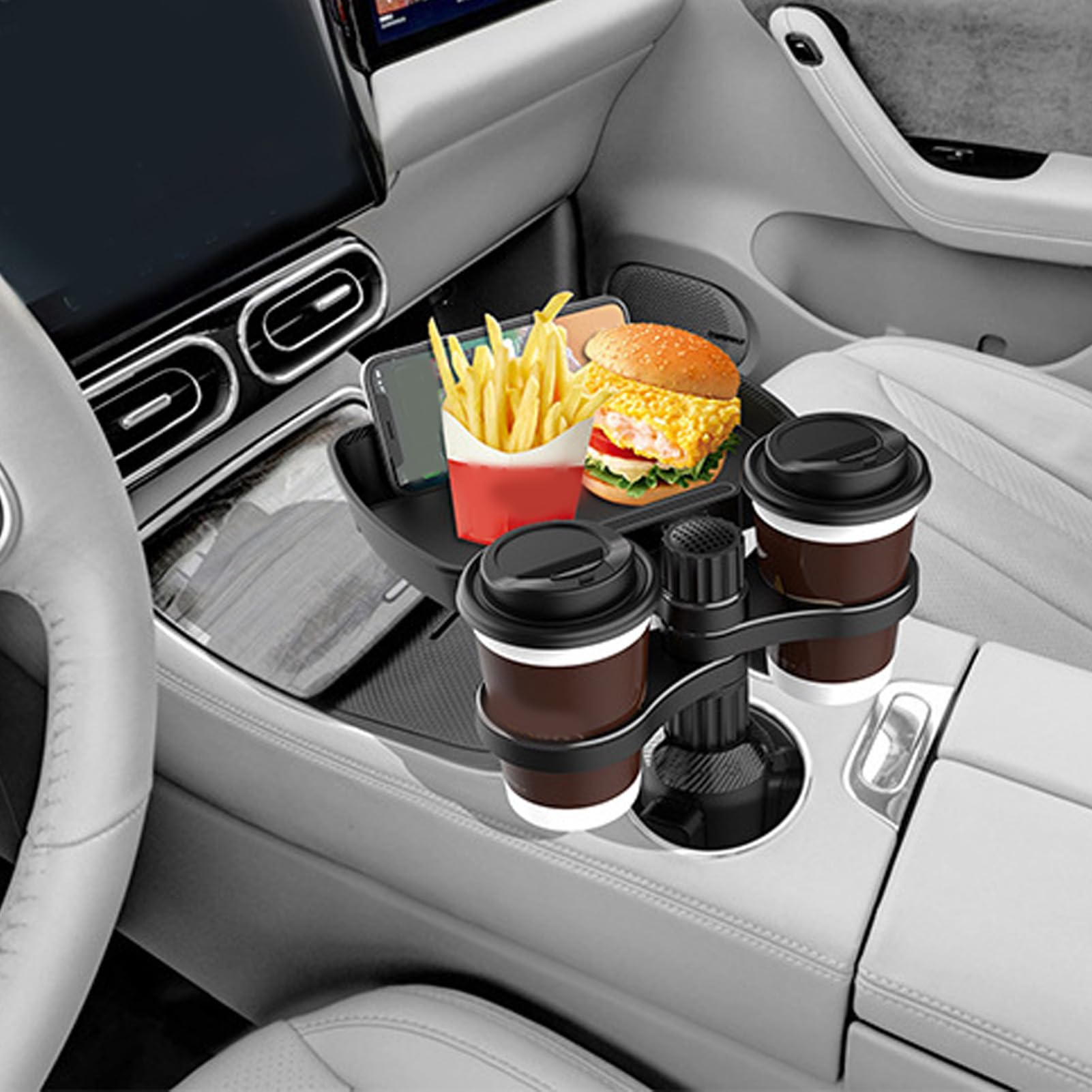 Plateau D'extension De Porte-gobelet De Voiture, Plateau Alimentaire Amovible 5 En 1 Avec Support De Téléphone, 2 Porte-gobelets Et Base Réglable De Rotation à 360°, Extenseur De Tasse De Voiture Pour