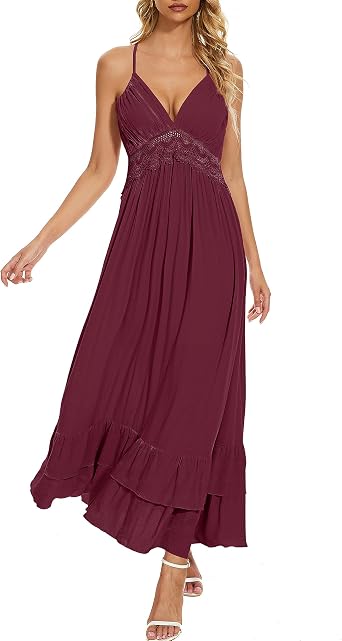 BSXIJIE Womens Summer Sexy Deep V Camisole Dress A Line Waist Up Long Beach Sun Dresses