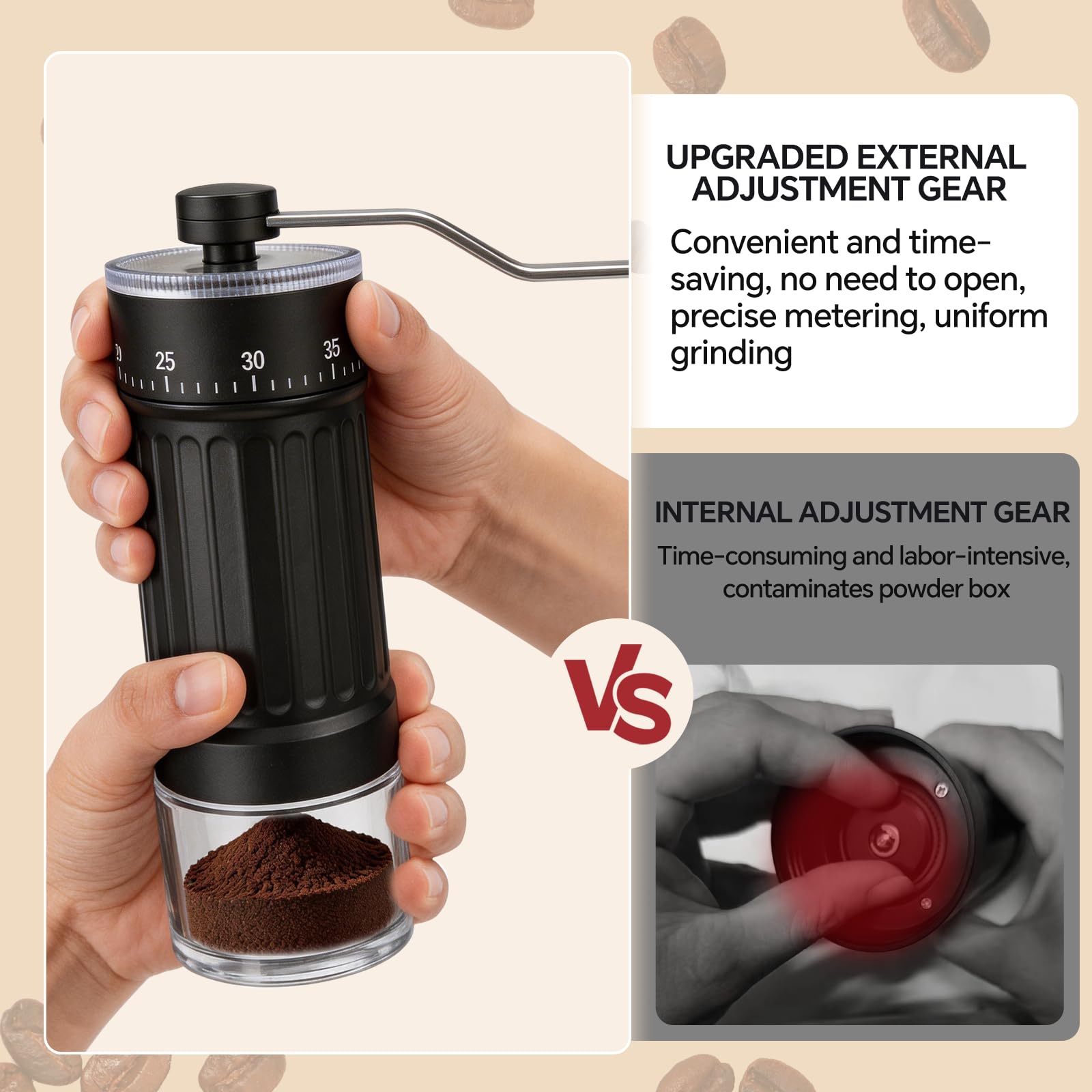 Molinillo de café manual, Molinillo portátil de mano con cuchara, cepillo y bolsa de transporte, cuenta con 40 ajustes externos de molienda, Ideal para preparar espresso y café de vertido