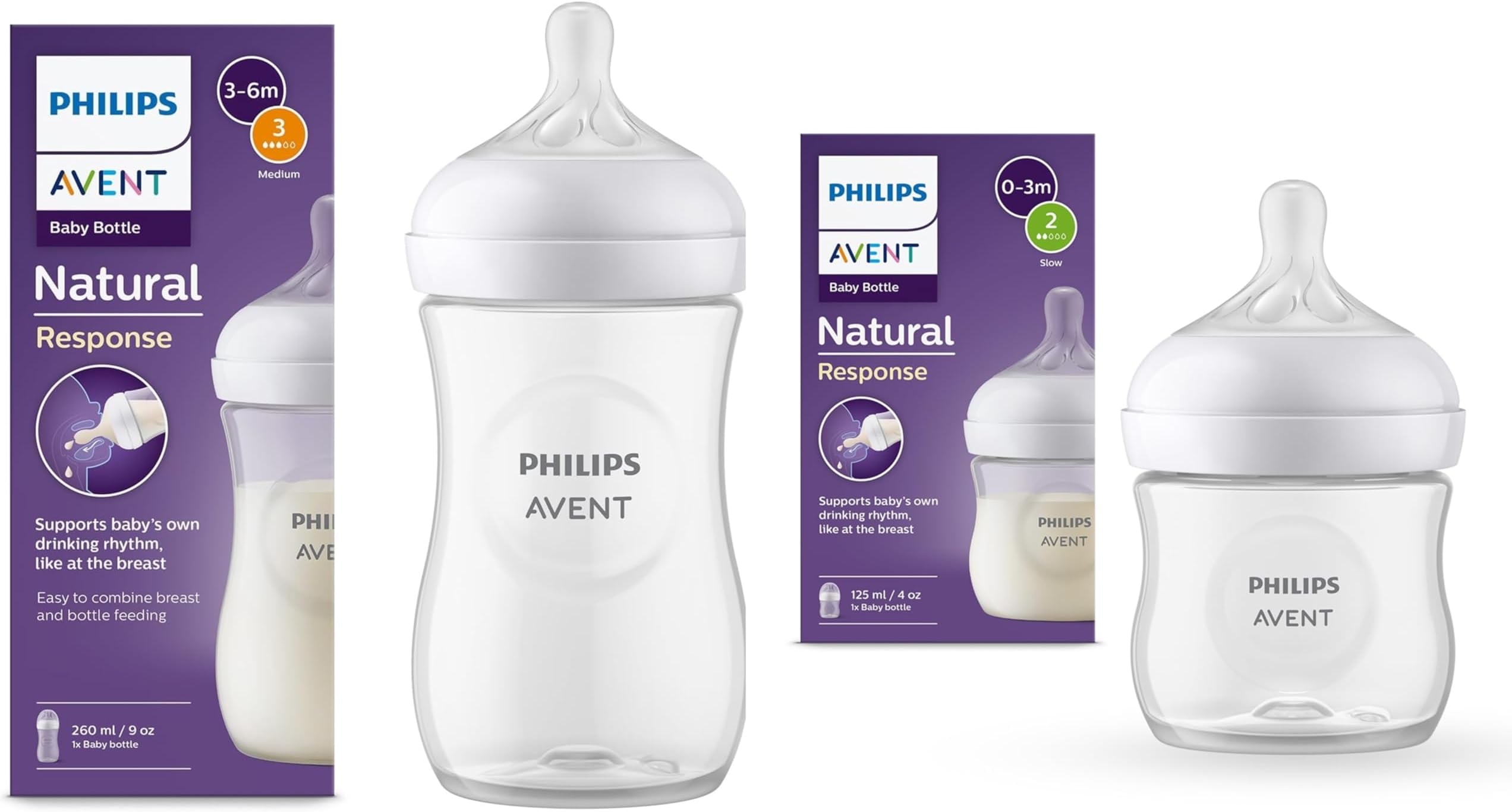 Philips Polypropylene Natural Baby Feeding Bottle Combo| No.1 Brand Recommended by Moms Worldwide | Natural Response Technology Mimics Breastfeeding (Clear 125ml+260ml Combo)