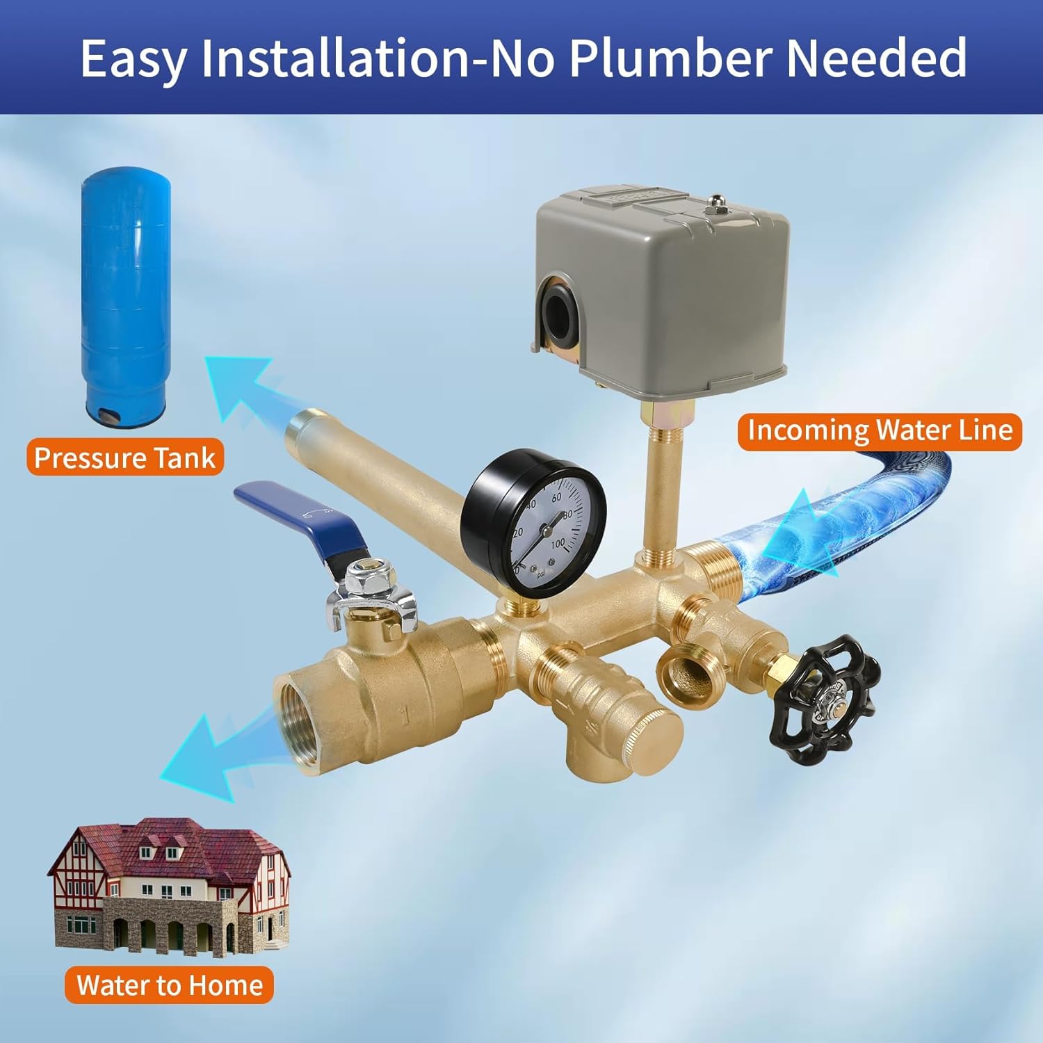 1"x 11"Well Pressure Tank Tee Kit for Water Well Pressure Tank with 30-50Psi Pressure Switch, Brass Pressure Tank Installation Kit for Well Tank with Diameters Up to 16"