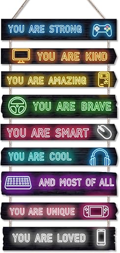 Game Room Decor for Boys, 9-Piece Gaming Wall Art with Inspirational Quotes, Gamer Themed Wooden Signs for Kids Bedroom, Video Game Playroom & Boys Room Wall Decor