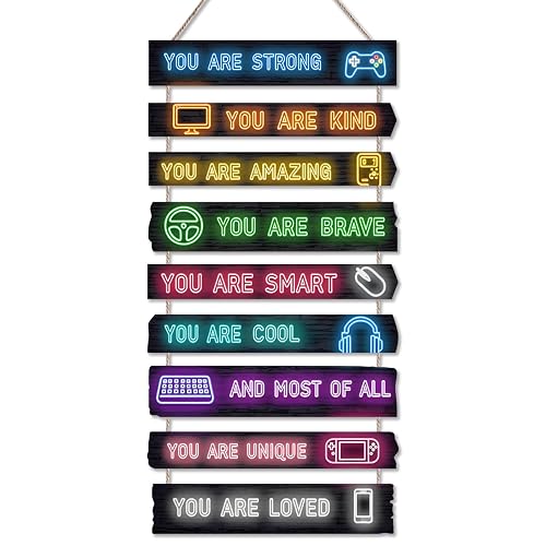Game Room Decor for Boys, 9-Piece Gaming Wall Art with Inspirational Quotes, Gamer Themed Wooden Signs for Kids Bedroom, Video Game Playroom & Boys Room Wall Decor