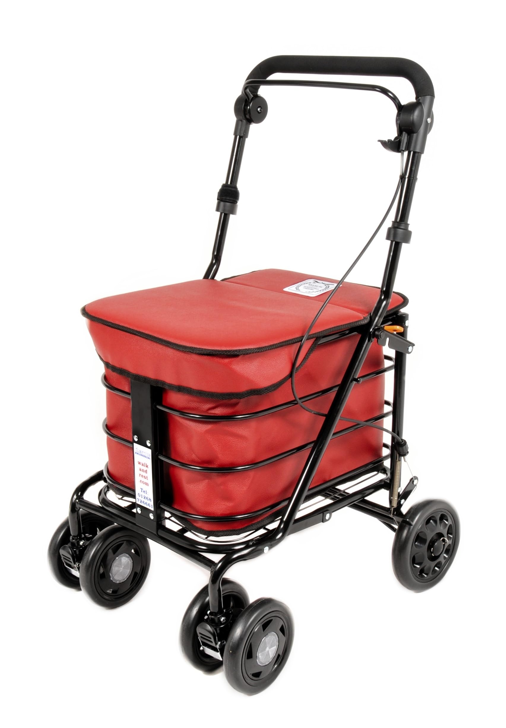 Walk And Rest Red Walking Trolley/Shopping Trolley With Seat/Seated Mobility Trolley/Stroller/Rollator (Fully Assembled Ready To Use!) Folding With Handbrake 6 Wheels And Seat (Red)