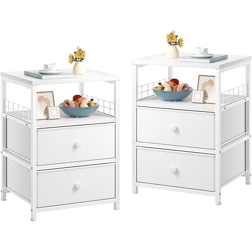 Nightstand Set of 2, 17.8" W Bedside Table with Fabric Drawers and Open Wood Shelf Storage, Safety Netting on 2 Sides of End Table, Night Stand for Bedroom, Closet, Hallway, Dorm, White