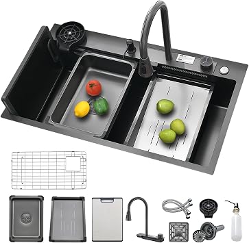 Waterfall Kitchen Sink 33" x 20" Drop-in Single Bowl Sinks, SUS304 Workstation Handmade Undermount Sink With Pull-out Faucet, Cup Washer & Accessories