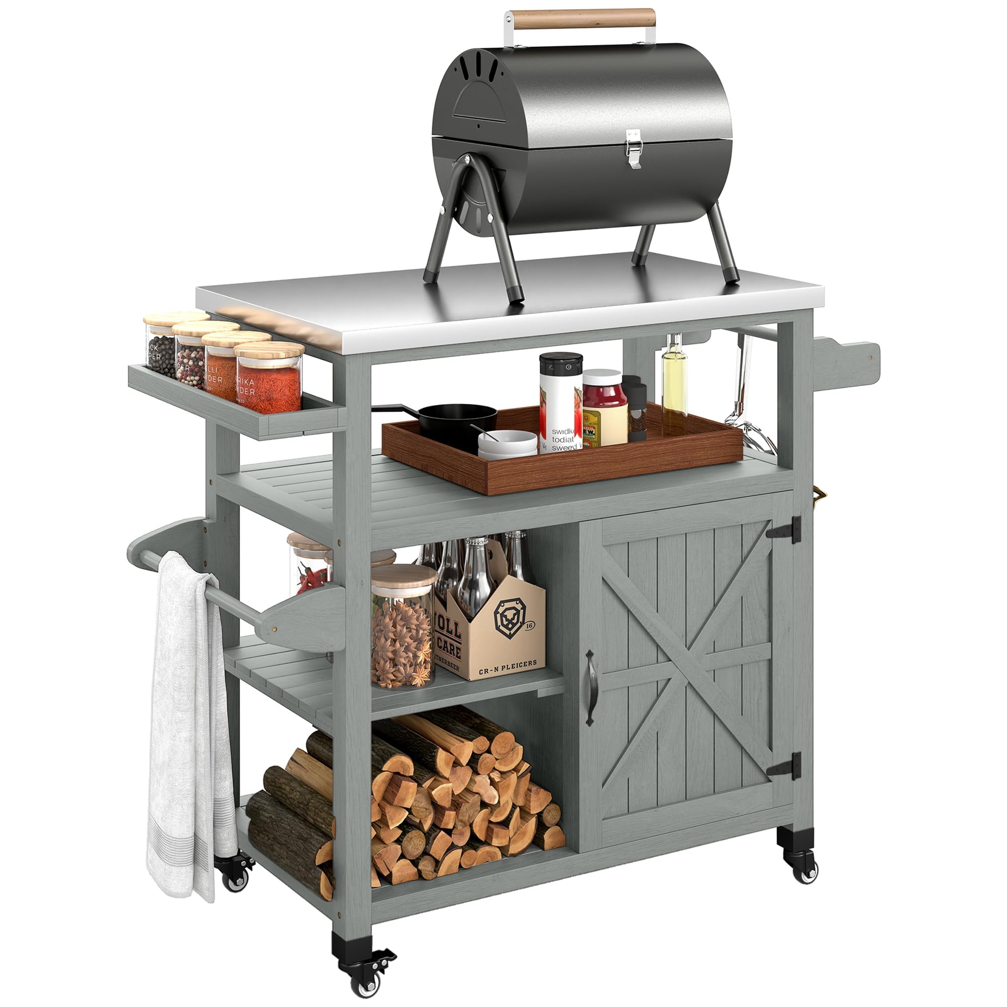 Outsunny Desserte Jardin Chariot de Barbecue sur roulettes îlot de Cuisine en Bois Plateau en Acier Inoxydable Placard étagères Ouvertes Porte-épices Porte-Serviettes décapsuleur 107x49,5x92,5cm Gris
