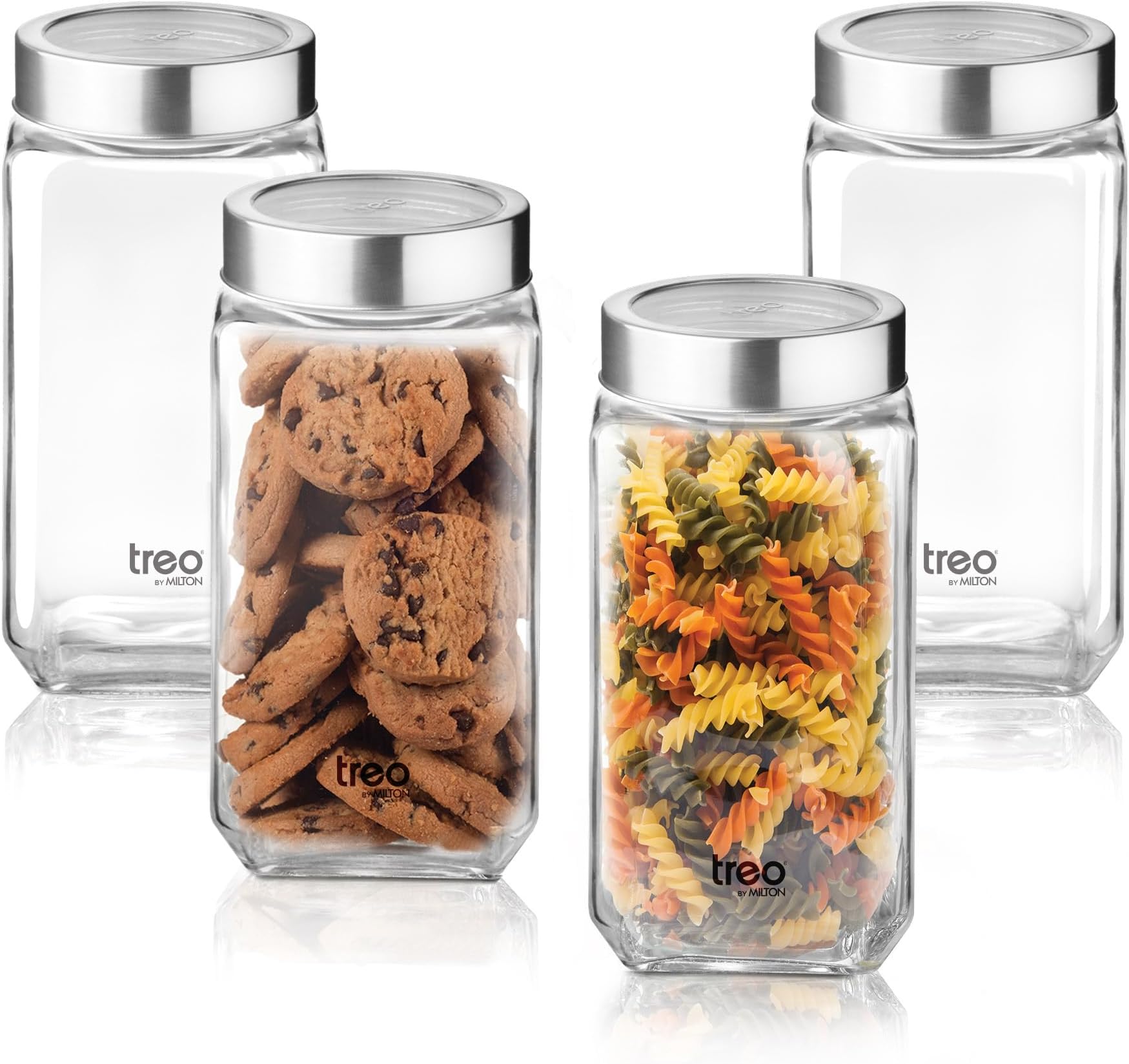 by Milton Cube Storage Containers, Set of 4, Glass Jar with Air Tight Steel Lid, 1000 ml each, Transparent Jars for Snacks, Pulses, Masala, Pickles, Cereals, Cookies, Dry Food