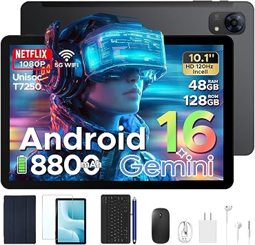 P10 PRO 10.1 Inch Tablet, Android 16 Tablet with 120Hz Display, 48GB+128GB/2TB, T7250 Octa-Core, 8800mAh, Widevine L1, Gemini AI, 13MP+5MP, 3.5mm Headphone, Tablet with Keyboard, Pen, Black