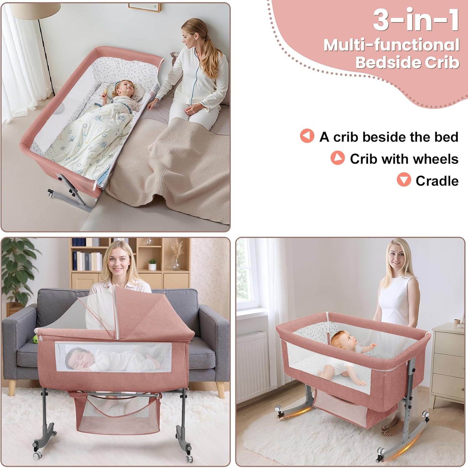 3-in-1 Baby Bassinet Bedside Sleeper for Newborns & Infants - 6-Level Height Adjustable, Portable Convertible Bassinet/Cradle with Mosquito Net, Storage Basket & Wheels,Easy Assemble (Pink)