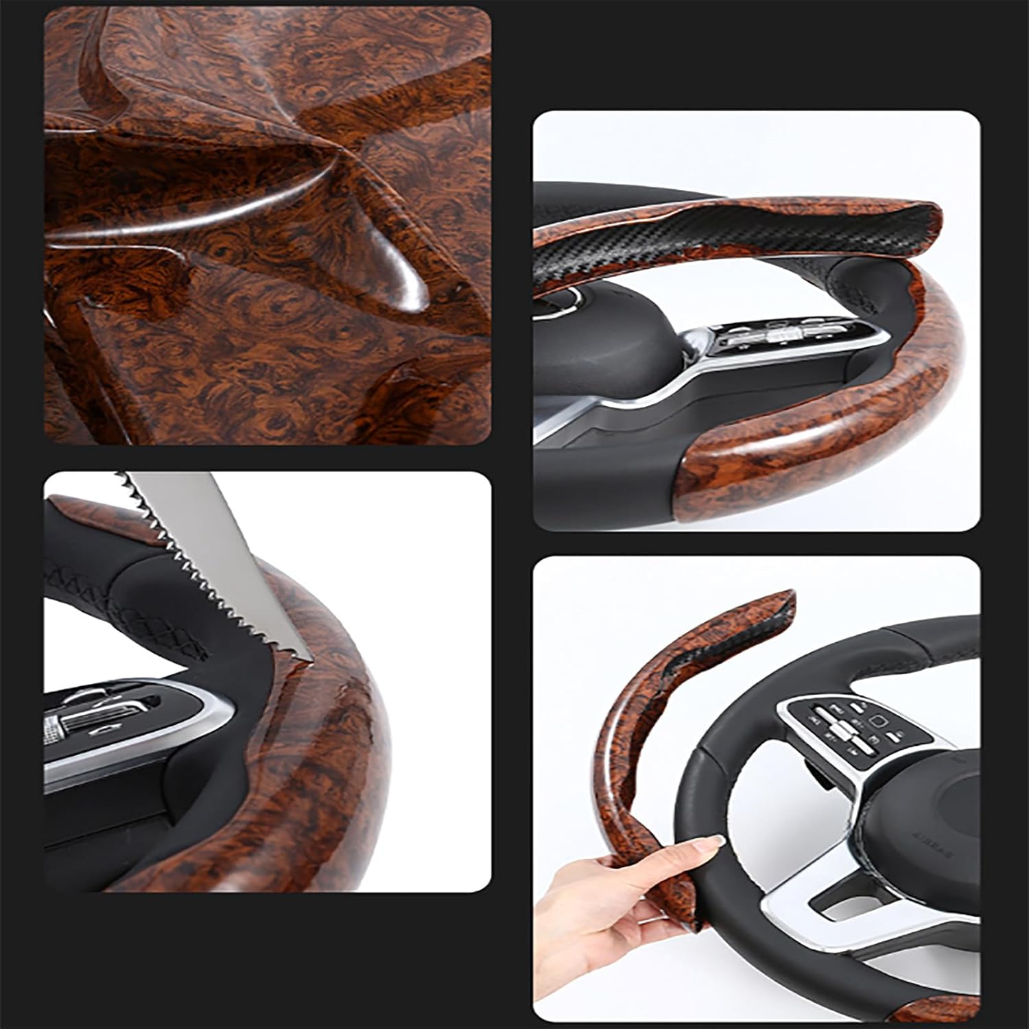 Car Wood Grain Steering Wheel Cover, Universal Anti-Skid Segmented Auto Steering Wheel Protector, Automotive Interior Accessories for Most Vehicles (Black)