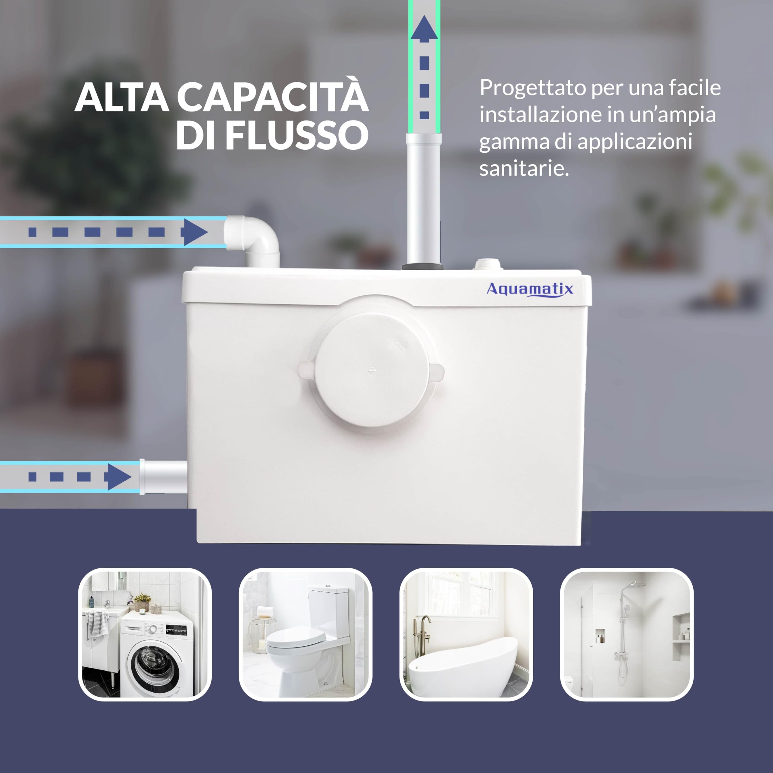 Aquamatix stazione di sollevamento compatta 600 W con trituratore, pompa per acque reflue fino a 10 m di altezza di sollevamento, con 3 ingressi, per WC, doccia e lavandino