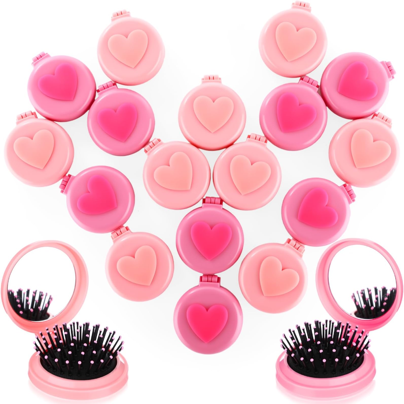 36 Pcs Pink Mini Gifts Bulk Folding Hair Brush with Mirror Heart Pattern, Portable Travel Compact Hairbrush for Women, Gift, Office, Household, Party Favors