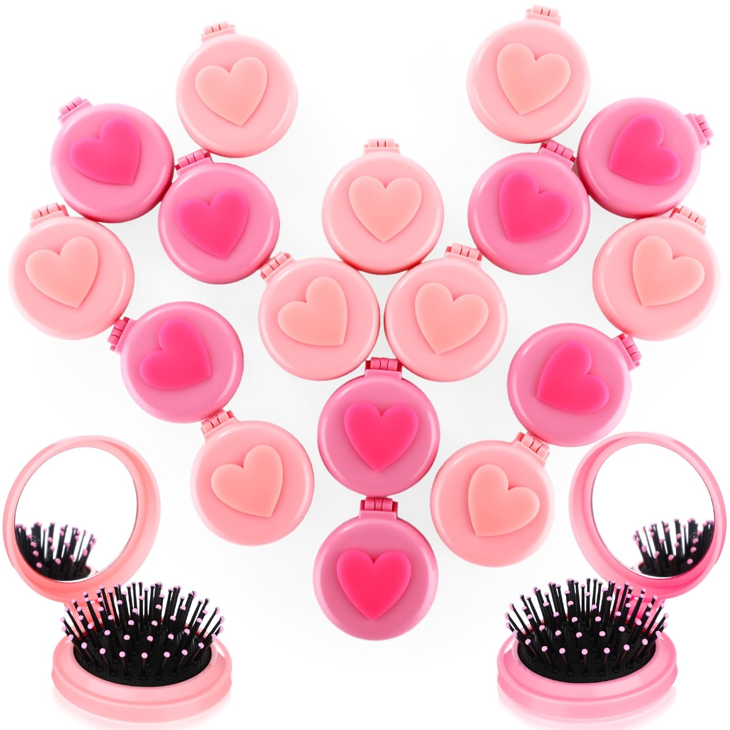 36 Pcs Pink Mini Gifts Bulk Folding Hair Brush with Mirror Heart Pattern, Portable Travel Compact Hairbrush for Women, Gift, Office, Household, Party Favors