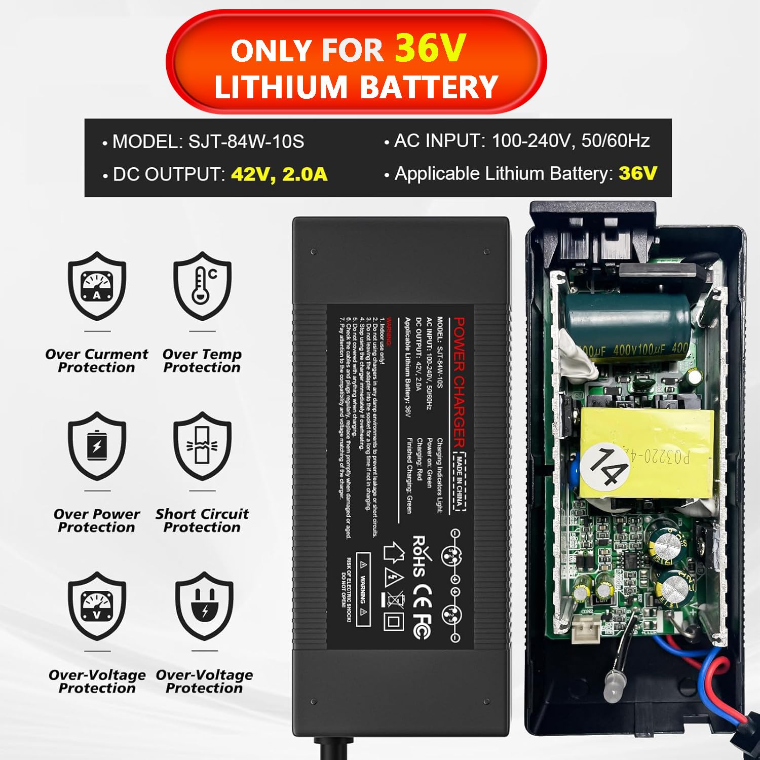 Amazon.com: 42V 2A Charger for 36V Lithium Battery, Electric Bike