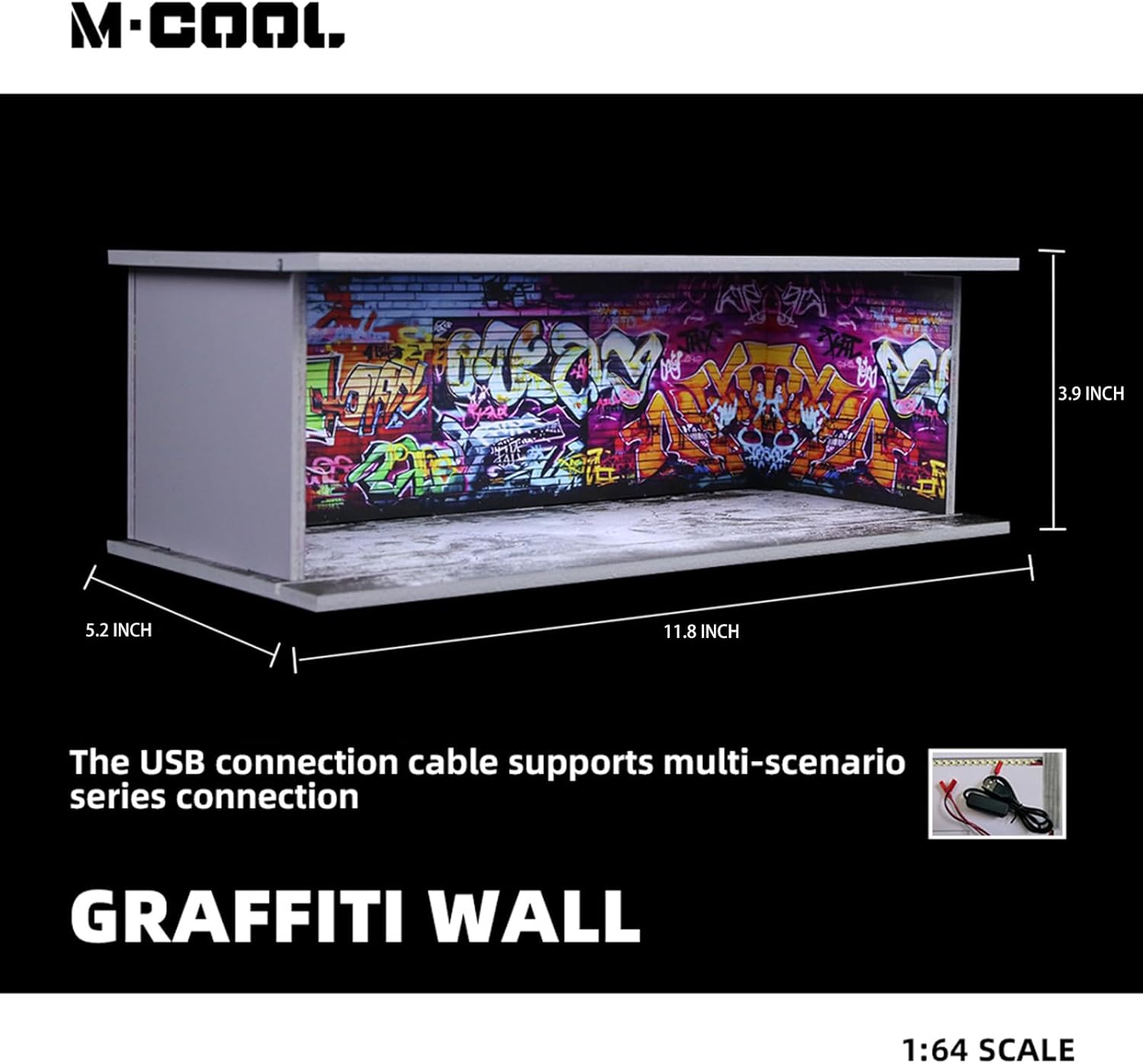 1:64 Scale Diecast Car Display Case with LED Light & Dustproof Acrylic Door - Diorama Parking Garage, Graffiti Wall Scene - Stackable & Linkable Storage for Hot Wheels, Matchbox