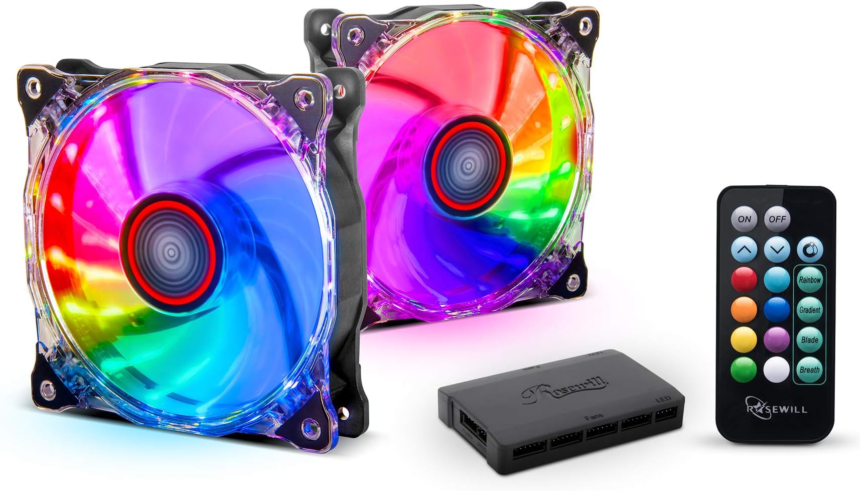 Rosewill RGB Case Fan 2-Pack 120mm Case Fans with 17-Key Remote Control & 8-Port RGB Fan Hub. 2 x 120 mm RGB Case Fans Set Ultra Quiet PC Fan Set 2-Pack. Rosewill RGBF-17002 RGB Case Fan Set