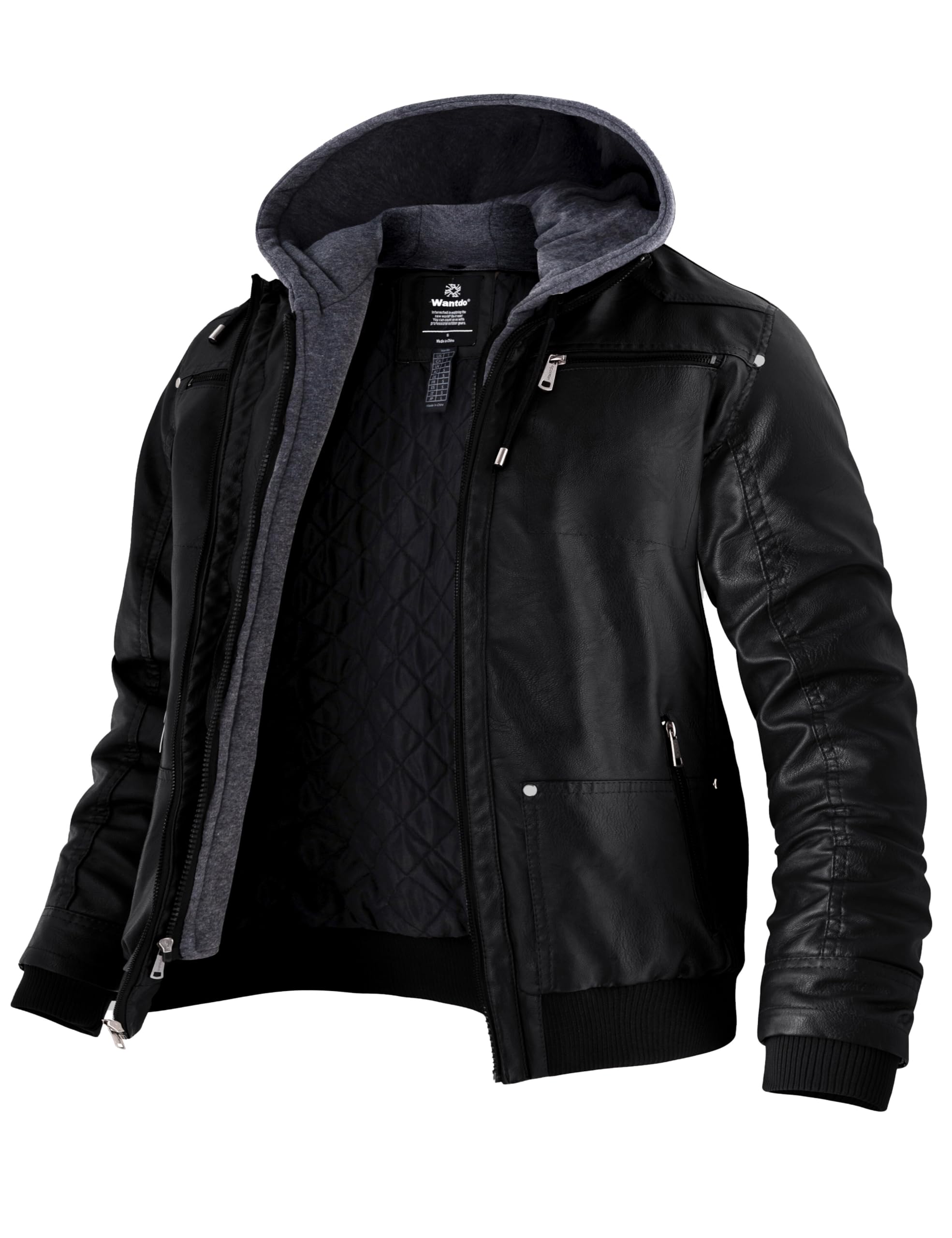 Wantdo Giacca in Pelle da Uomo Giubbotto con Cappuccio Rimovibile da Lavoro Mezza Stagione Primavera Antivento Antipioggia Giacca da Moto Casual
