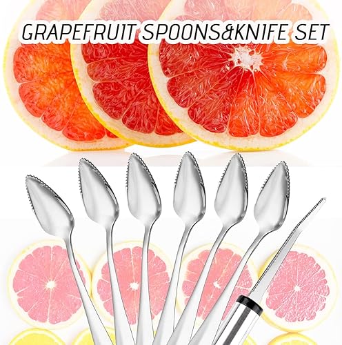 Miniatura 6 de WXJ13 7 cucharas de pomelo y cuchillo de toronja, cuchara de postre de toronja de acero inoxidable, utensilios de toronja dentada, herramientas para