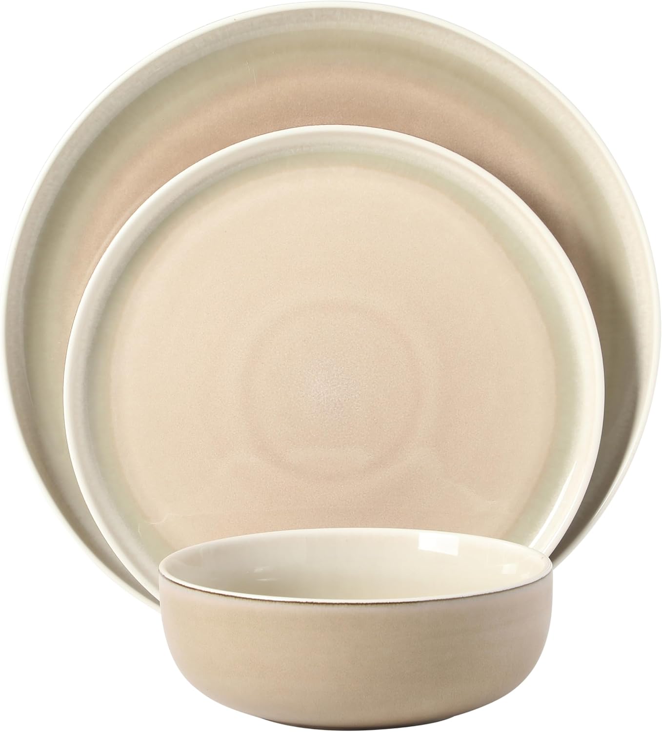 Gibson Elite Island Bay 12-Piece New Bone China Dinnerware Set Service for 4, Reactive Glaze Plates and Bowls, Dishwasher and Microwave Safe, Cream and Green