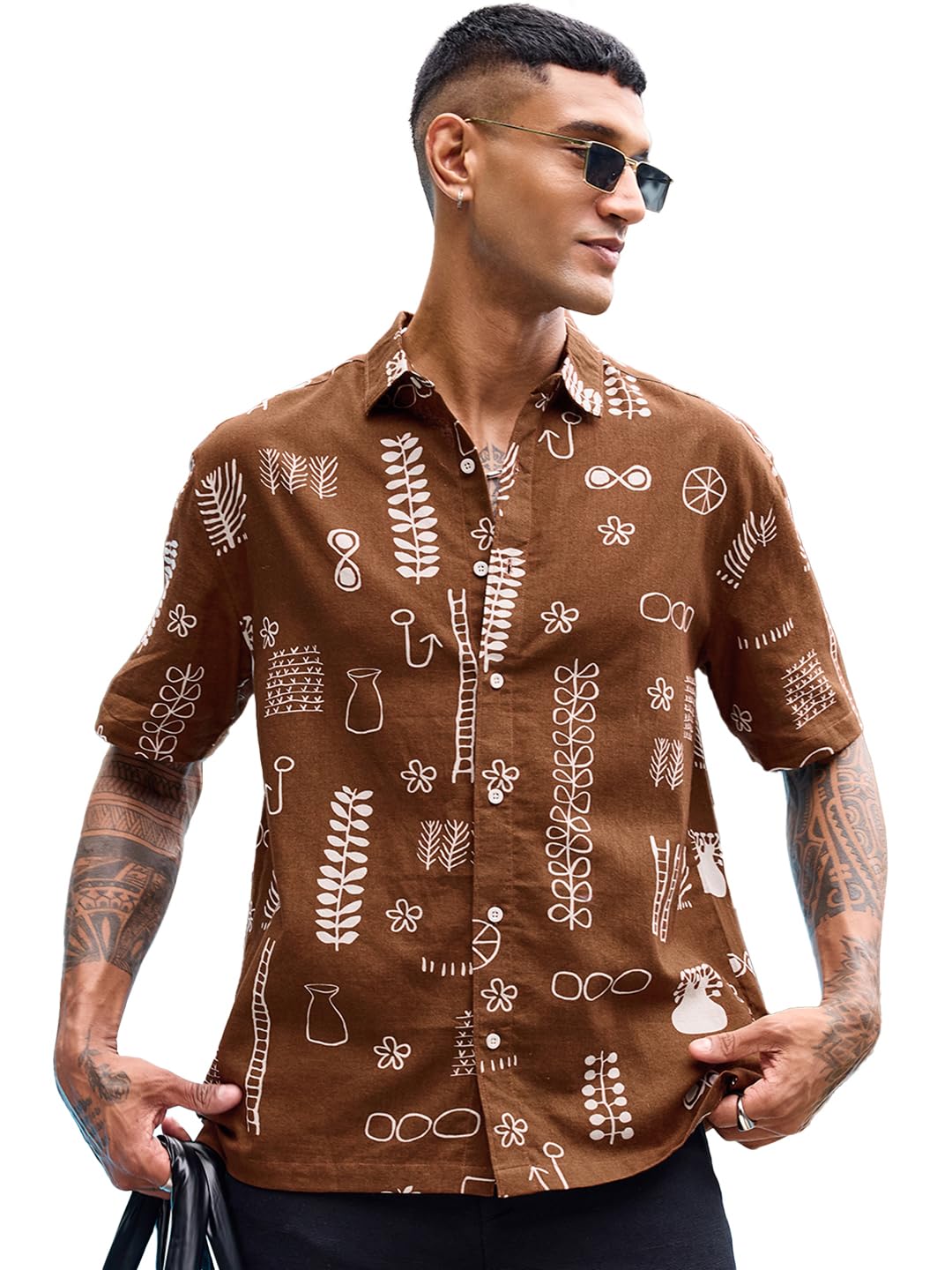 Bewakoof Men's All Over Printed Oversized Fit Half Sleeve Collar Pure Cotton Shirt in multi