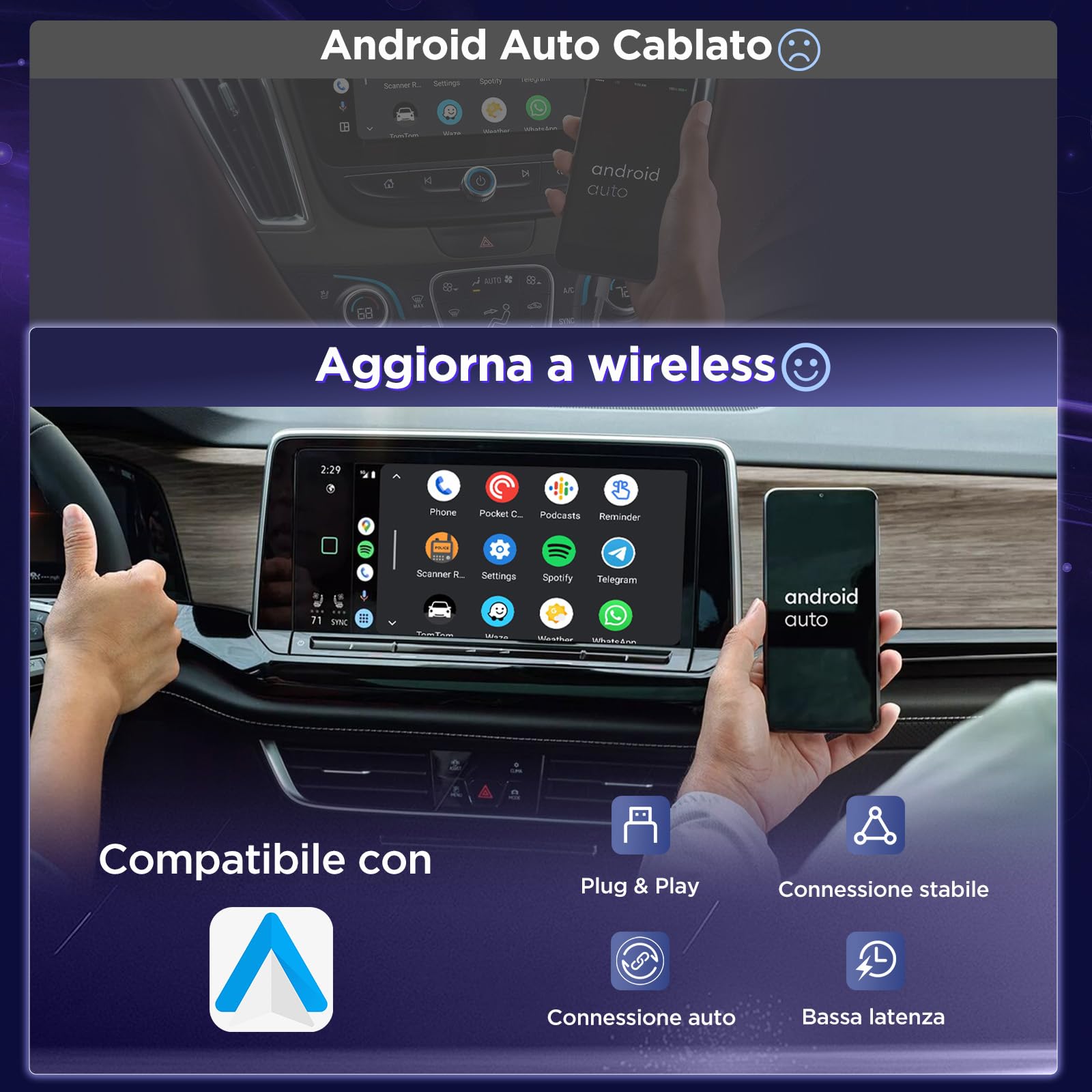 MSXTTLY Adattatore Wireless Android Auto – U2AC-L9 2026 Trasforma Android Auto Cablato in Wireless per Autoradio, Compatibile con Android 11+, USB-C/USB-A, Wi-Fi 5 GHz, Nero