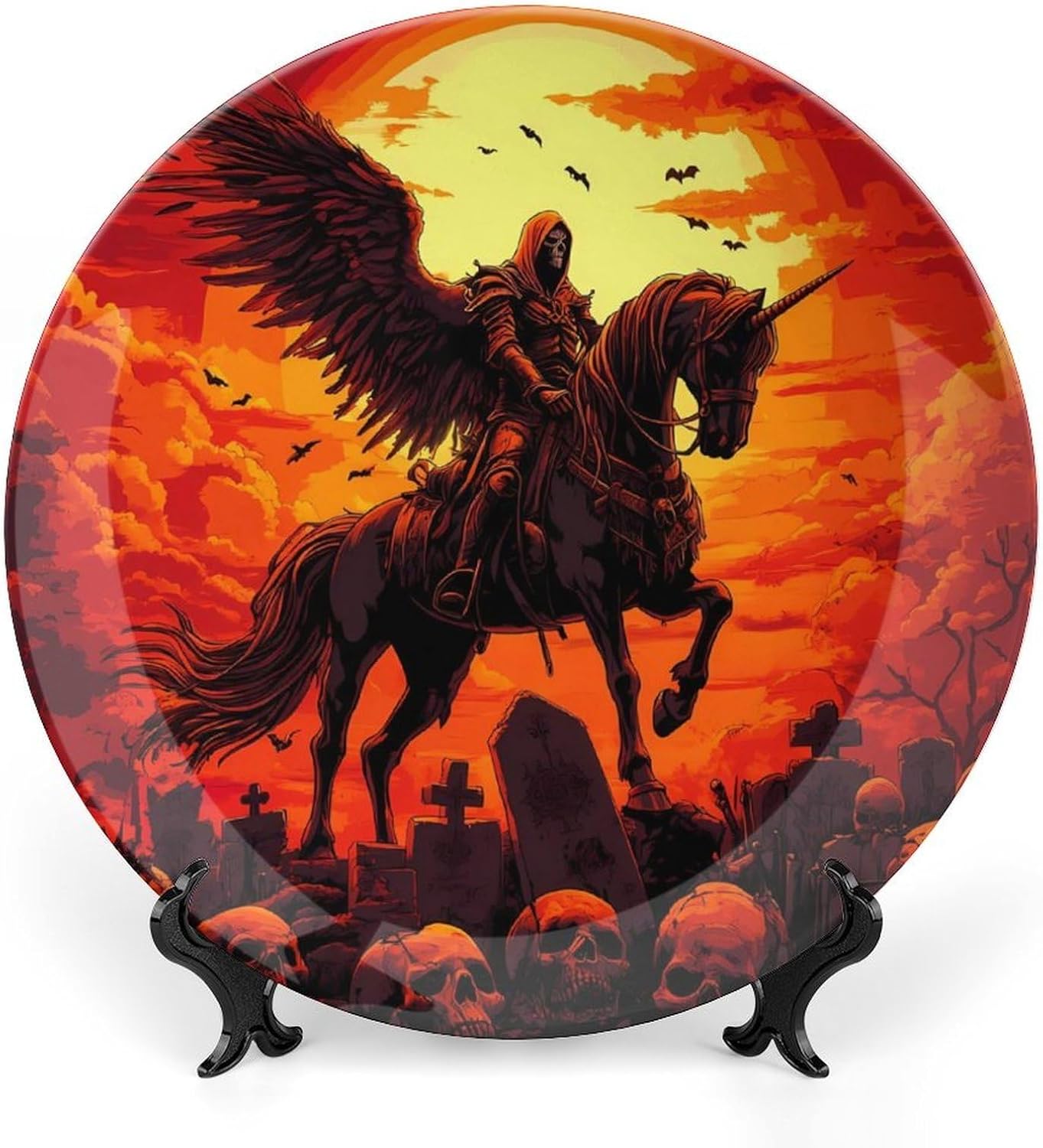 Reaper Horse Bone China Decorative Plate with Stand Home Dessert Plates Gift for Men Women 7inch
