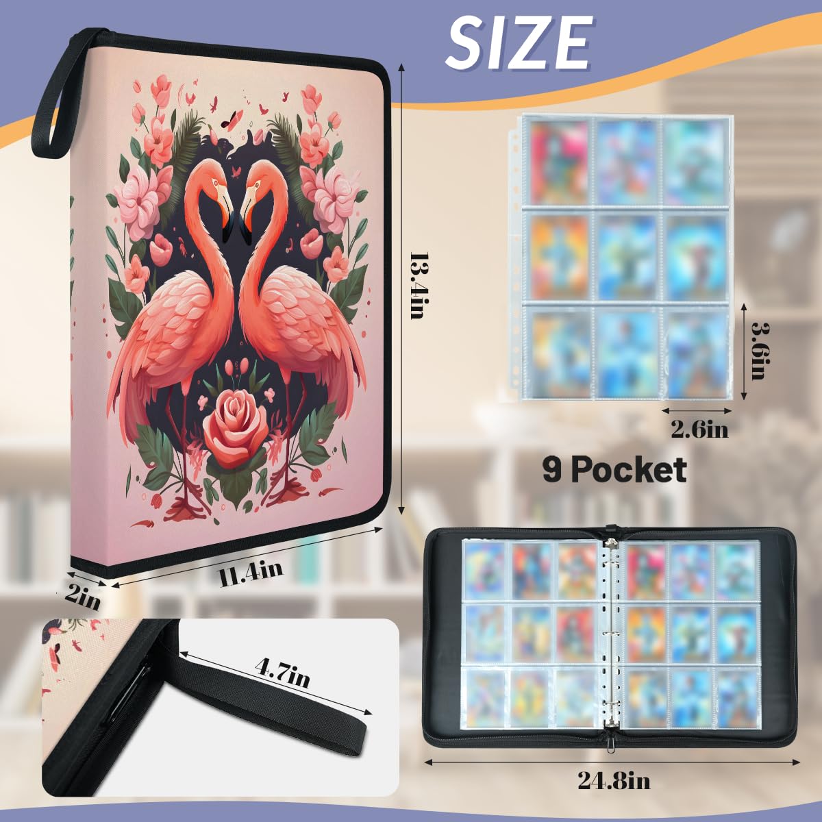 Raccoglitore per carte con 9 tasche, 900 tasche, con chiusura a cerniera (fenicottero rosa)