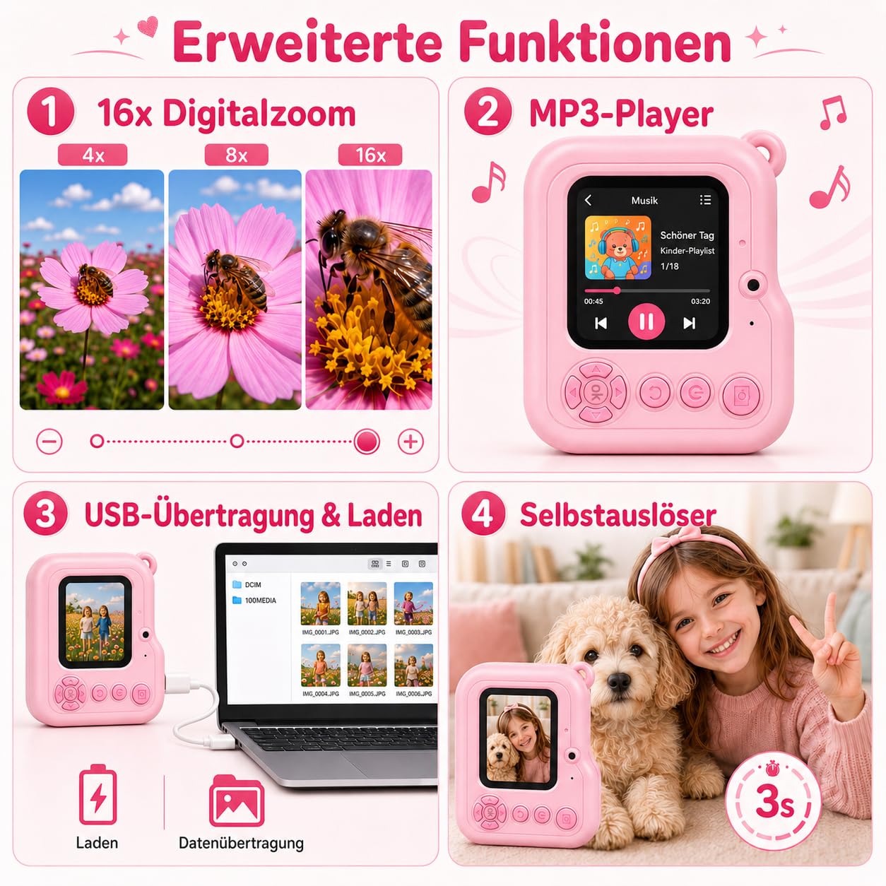 Kinderkamera mit Sofortdruck – 2.4 Zoll Sofortbildkamera Kinder, HD 1080P, inkl. 32GB Karte & Druckpapier, kinderkamera sofortbildkamera, Geschenk für Mädchen & Jungen, Rosa (3-12 Jahre)