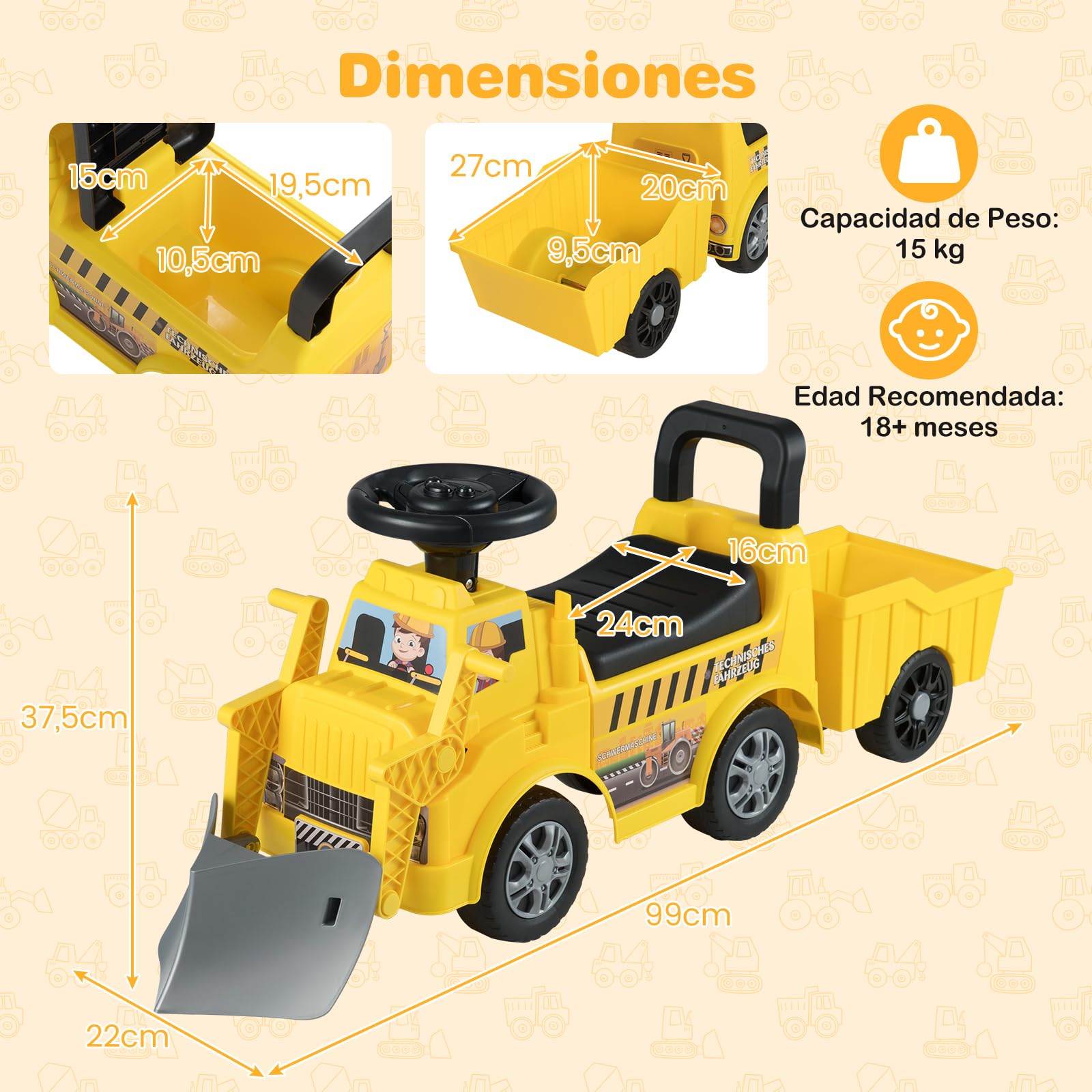 COSTWAY Coche Correpasillos para Niños, Excavadora de Nieve de Paseo Infantil con Remolque y Pala, Almacenamiento Oculto, Música, Bocina, Excavadora Correpasillos para Niños de 19-36 Meses(Estilo 2)