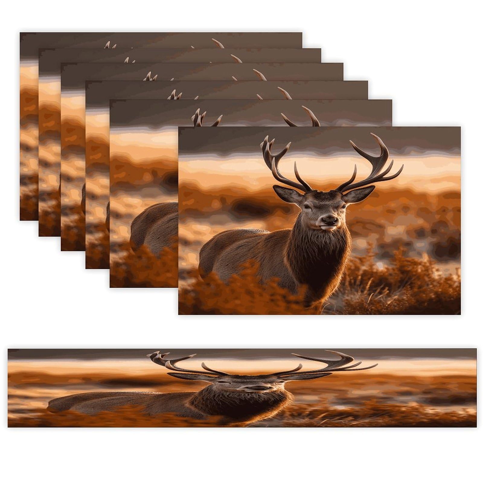 Antler Red Deer Table Runner and Placemats Set of 6 Wipe Clean Heat Resistant Table Mat with Table Runner Decorations Flax Linen Place Mat Set for Home Kitchen Party Supplies