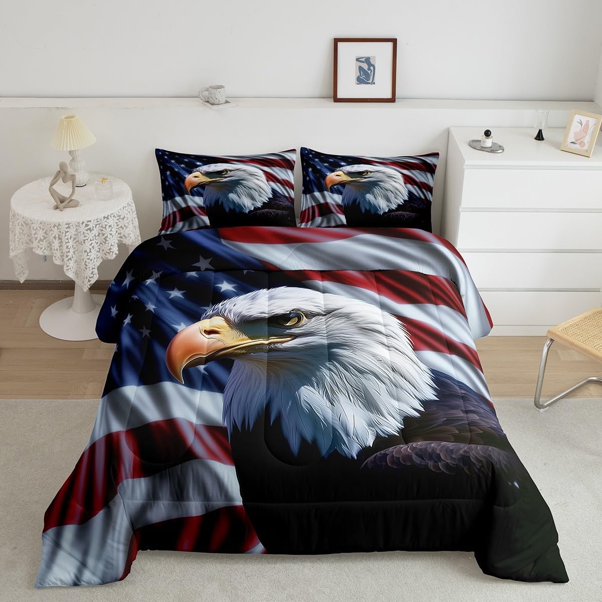 Feelyou Eagle Comforter Set Queen Size American Flag Comforter for Boys Girls Teens 3D Animal Printed Bedding Set Morden Duvet Set Room Decor Navy Blue Quilt Set